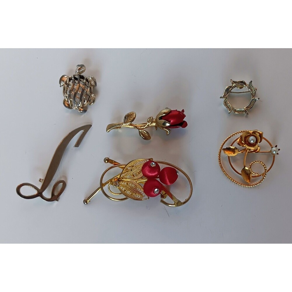 Vintage Brooch Lot of 6 Brooches Gerrys Turtle Flowers Rhinestones
